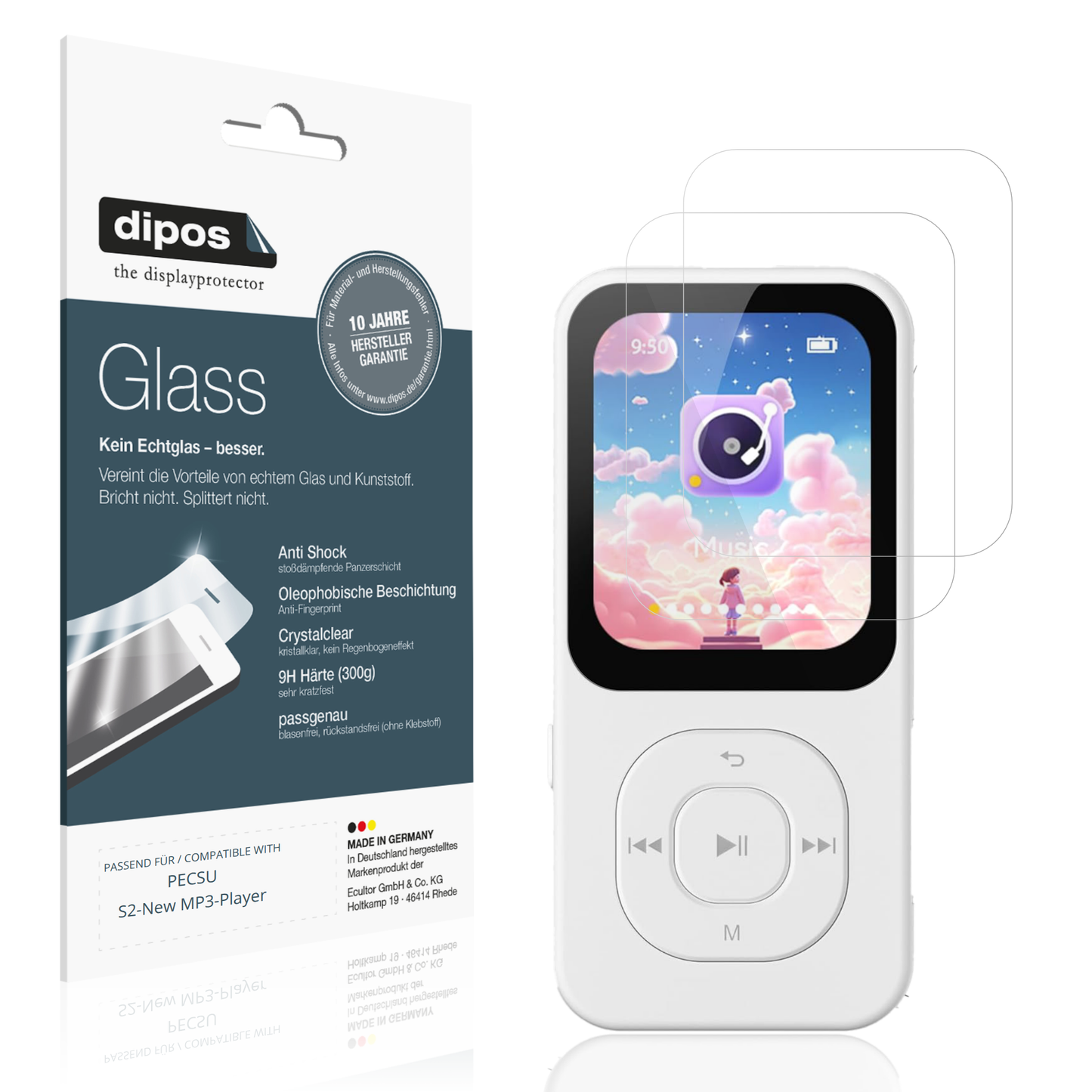 Klare Displayschutzfolie von dipos passend für PECSU S2-New MP3-Player, 9H kratzfest und blasenfrei montiert