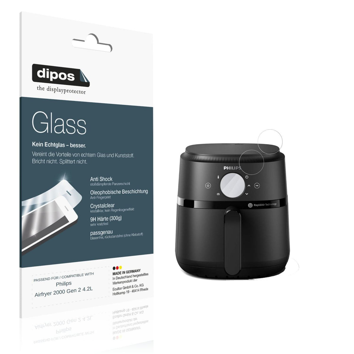 Klare Displayschutzfolie von dipos passend für Philips Airfryer 2000 Gen 2 4.2L, 9H kratzfest und blasenfrei montiert