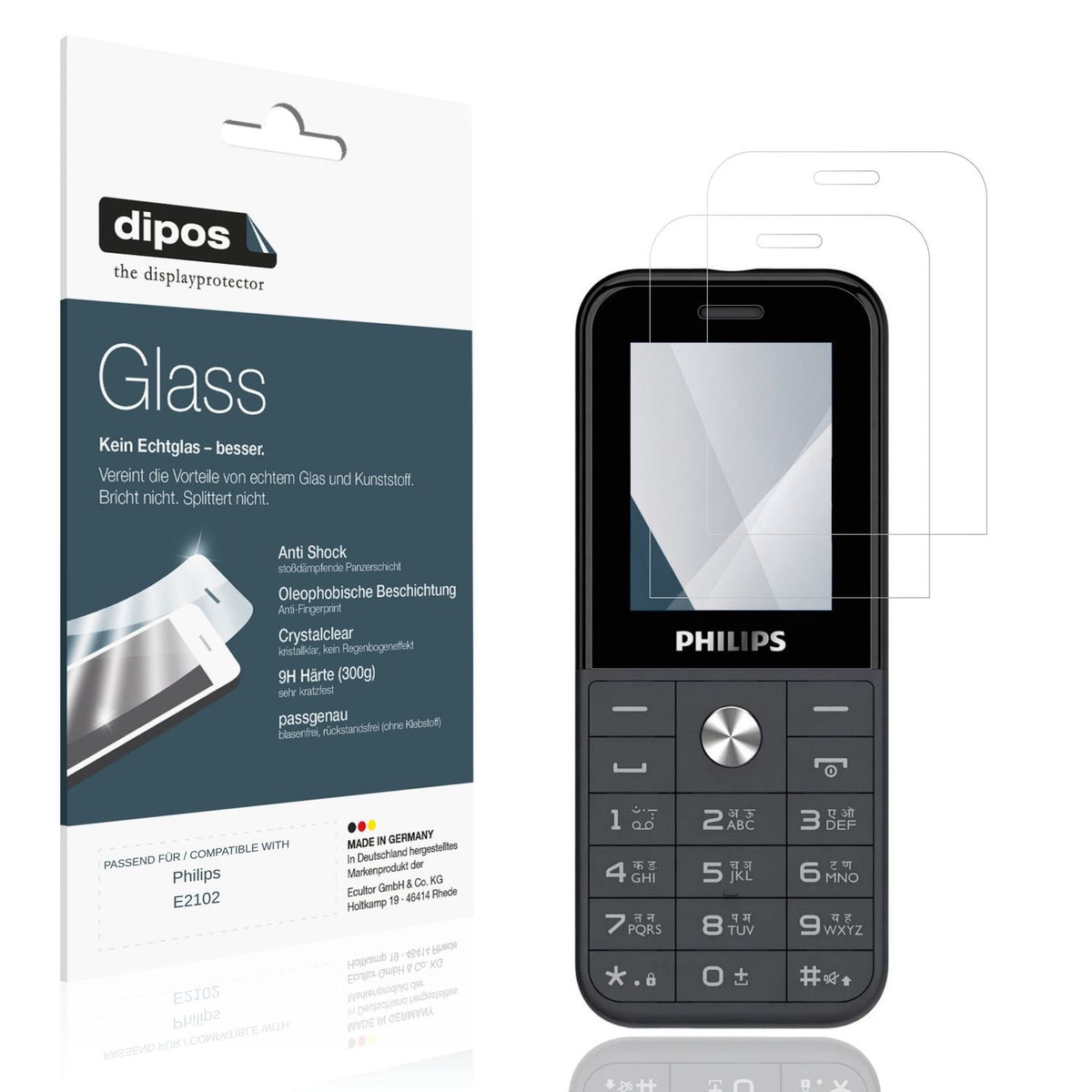Klare Displayschutzfolie von dipos passend für Philips E2102, 9H kratzfest und blasenfrei montiert
