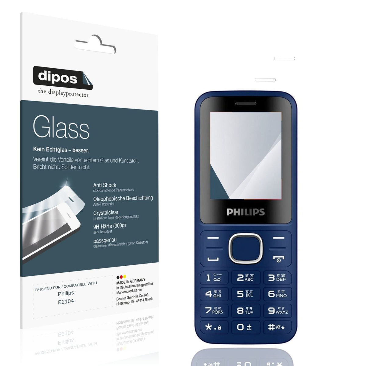 Klare Displayschutzfolie von dipos passend für Philips E2104, 9H kratzfest und blasenfrei montiert