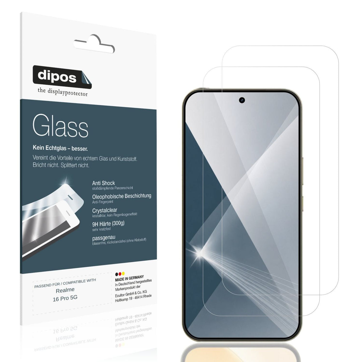 Klare Displayschutzfolie von dipos passend für Realme 16 Pro 5G, 9H kratzfest und blasenfrei montiert