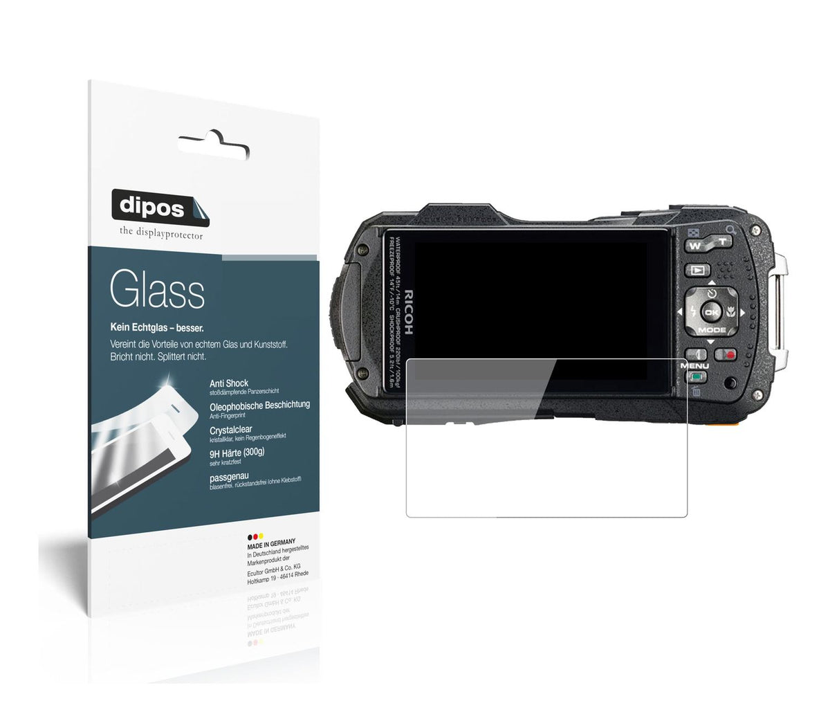 Klare Displayschutzfolie von dipos passend für Ricoh WG-70, 9H kratzfest und blasenfrei montiert