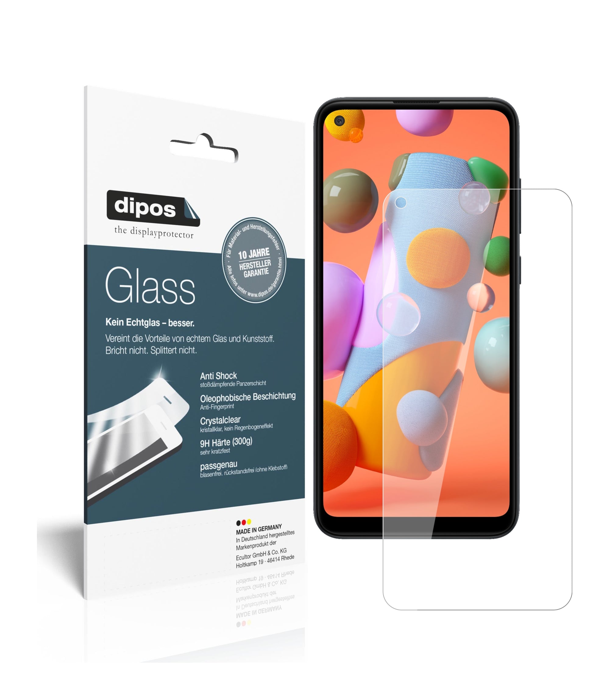 Klare Displayschutzfolie von dipos passend für Samsung Galaxy A11, 9H kratzfest und blasenfrei montiert
