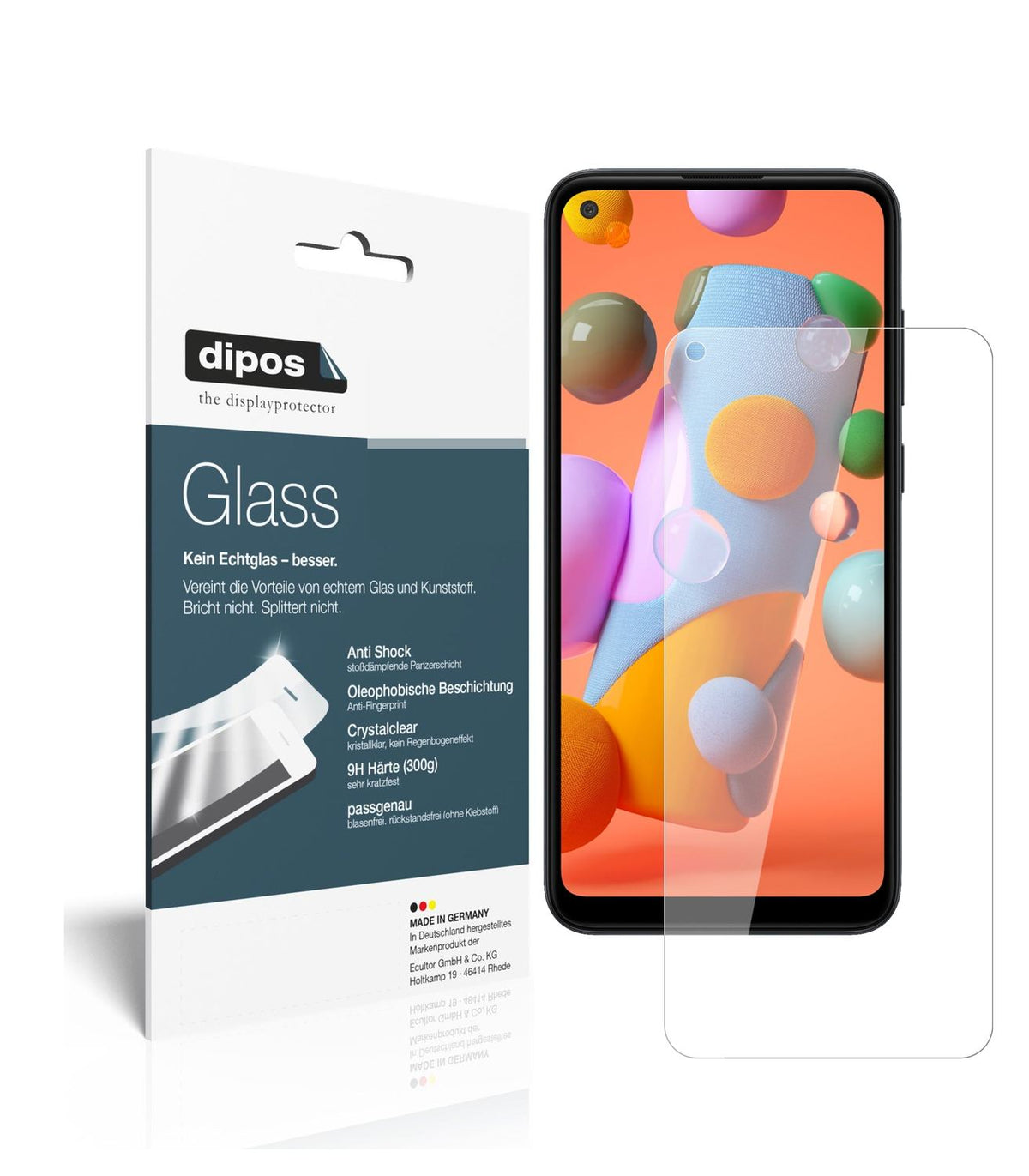 Klare Displayschutzfolie von dipos passend für Samsung Galaxy A11, 9H kratzfest und blasenfrei montiert