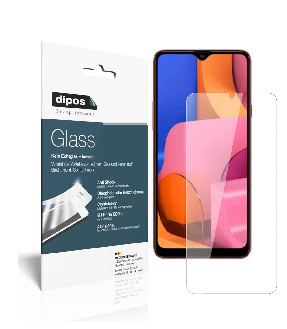 Klare Displayschutzfolie von dipos passend für Samsung Galaxy A20s, 9H kratzfest und blasenfrei montiert
