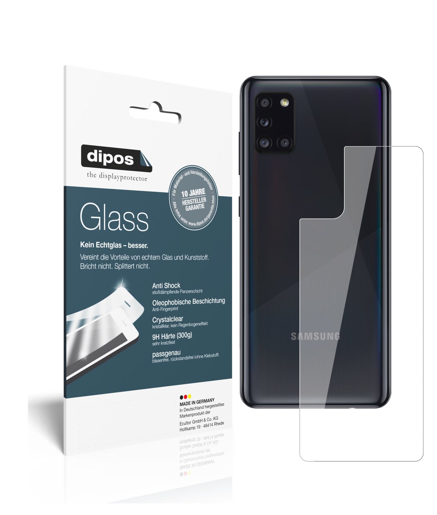 Klare Displayschutzfolie von dipos passend für Samsung Galaxy A31 Rückseite, 9H kratzfest und blasenfrei montiert