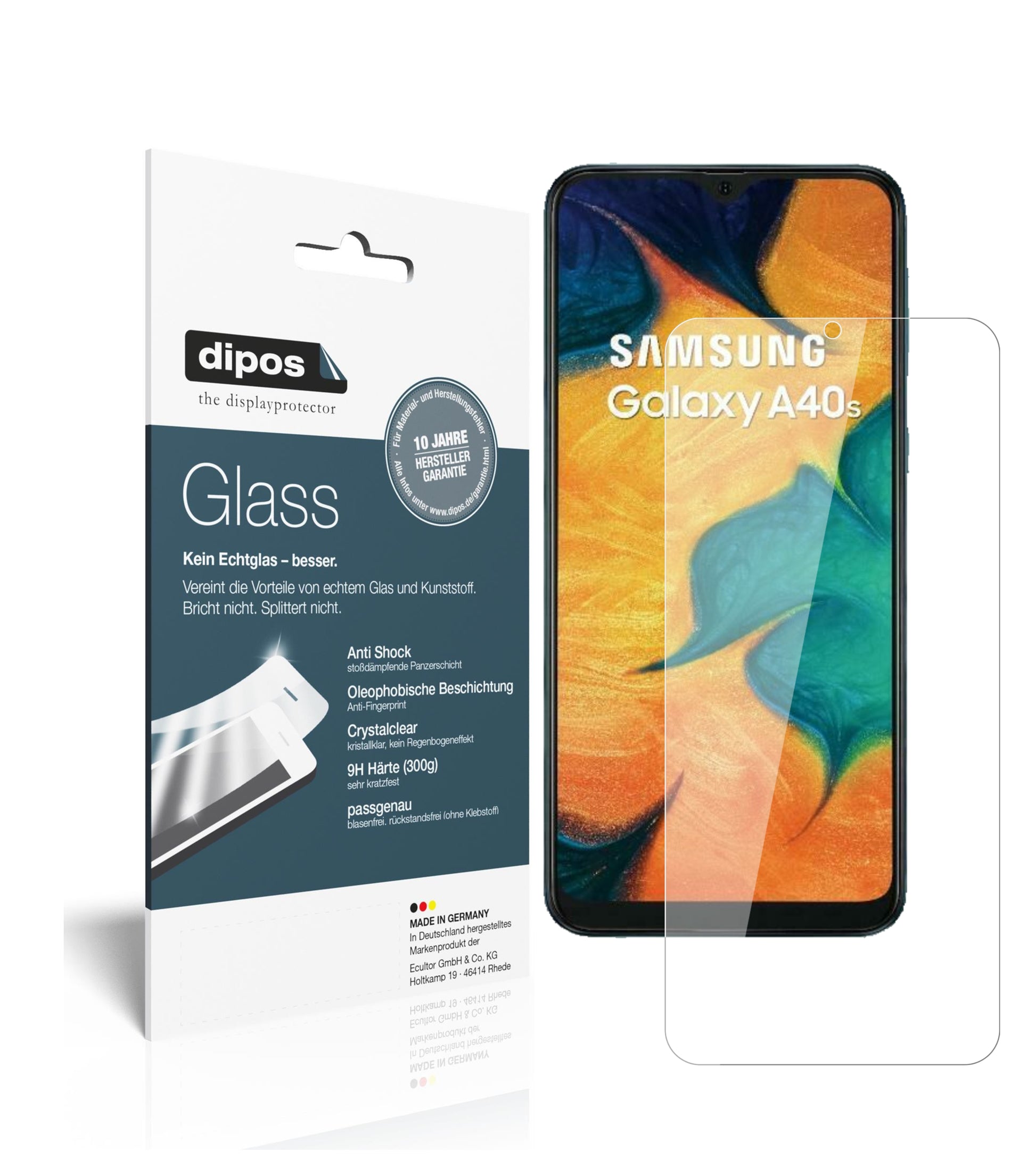 Klare Displayschutzfolie von dipos passend für Samsung Galaxy A40s, 9H kratzfest und blasenfrei montiert