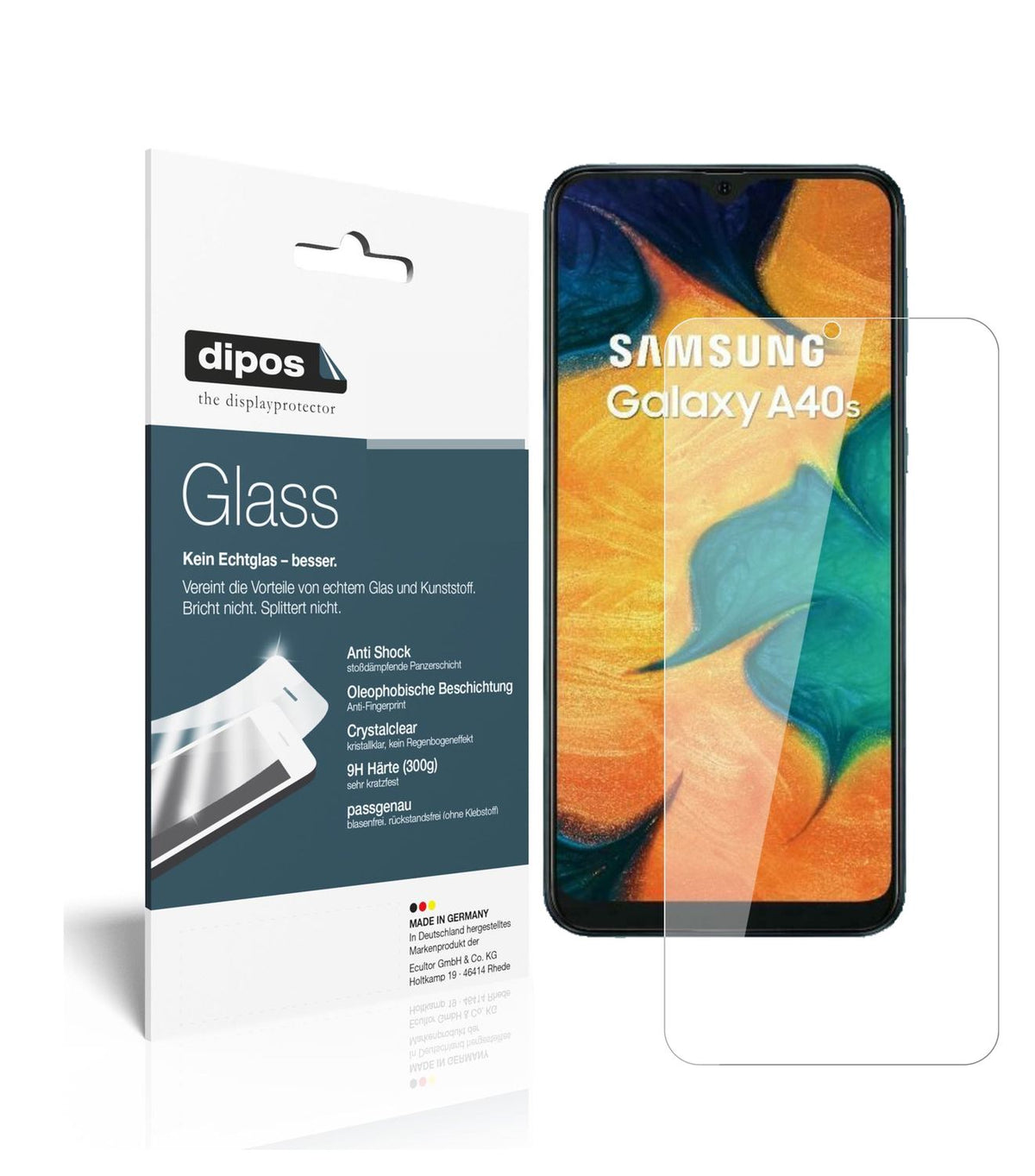Klare Displayschutzfolie von dipos passend für Samsung Galaxy A40s, 9H kratzfest und blasenfrei montiert