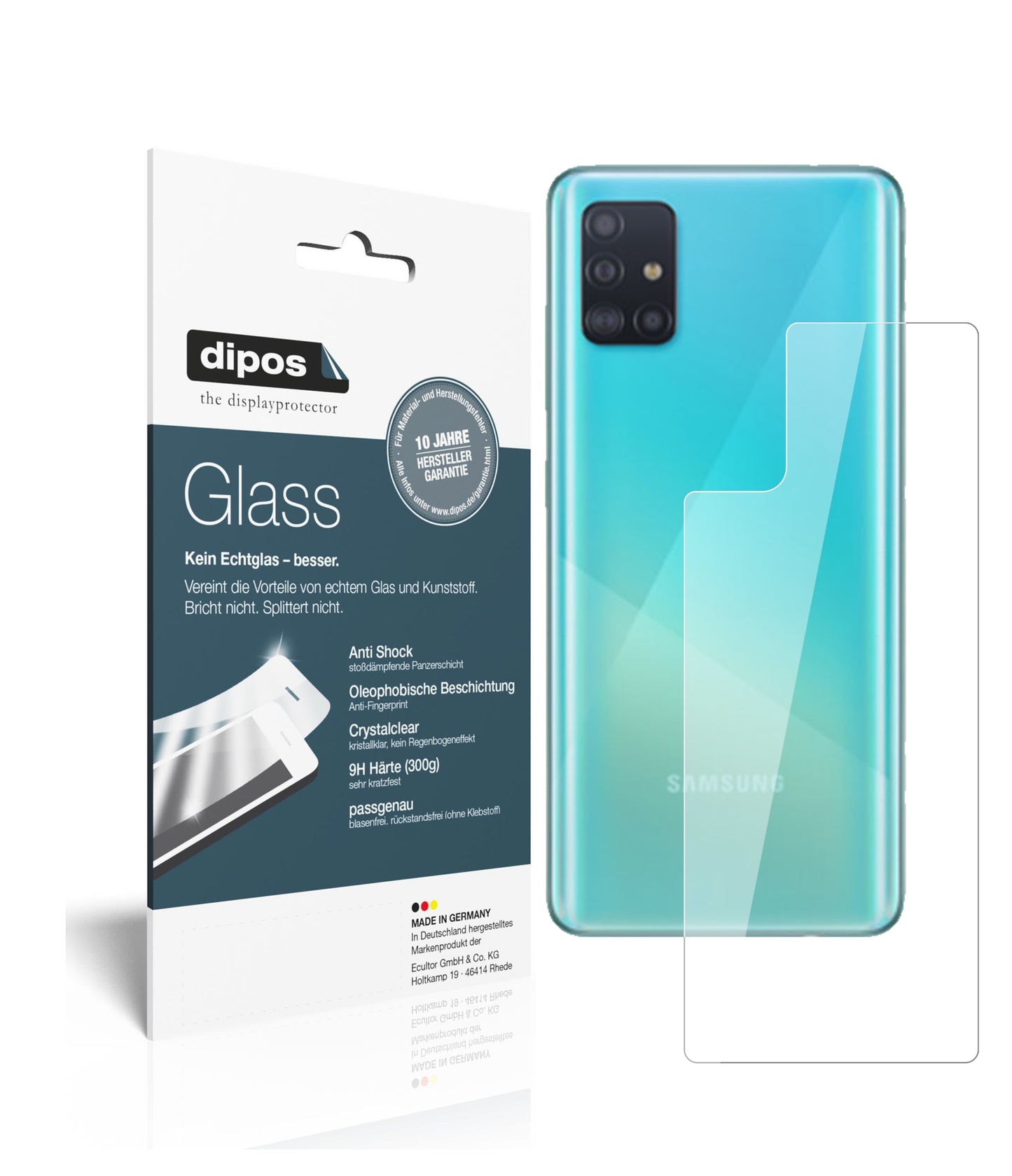 Klare Displayschutzfolie von dipos passend für Samsung Galaxy A71 Rückseite, 9H kratzfest und blasenfrei montiert