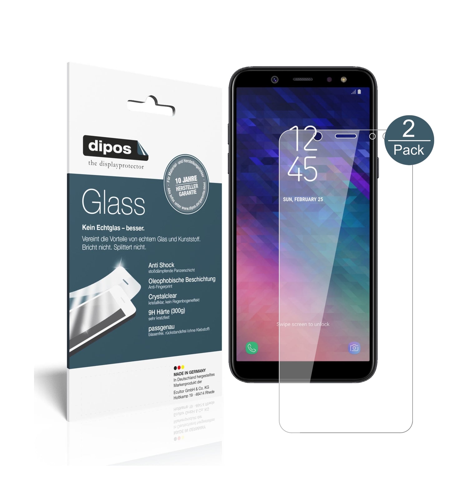 Klare Displayschutzfolie von dipos passend für Samsung Galaxy A6 Plus (2018), 9H kratzfest und blasenfrei montiert