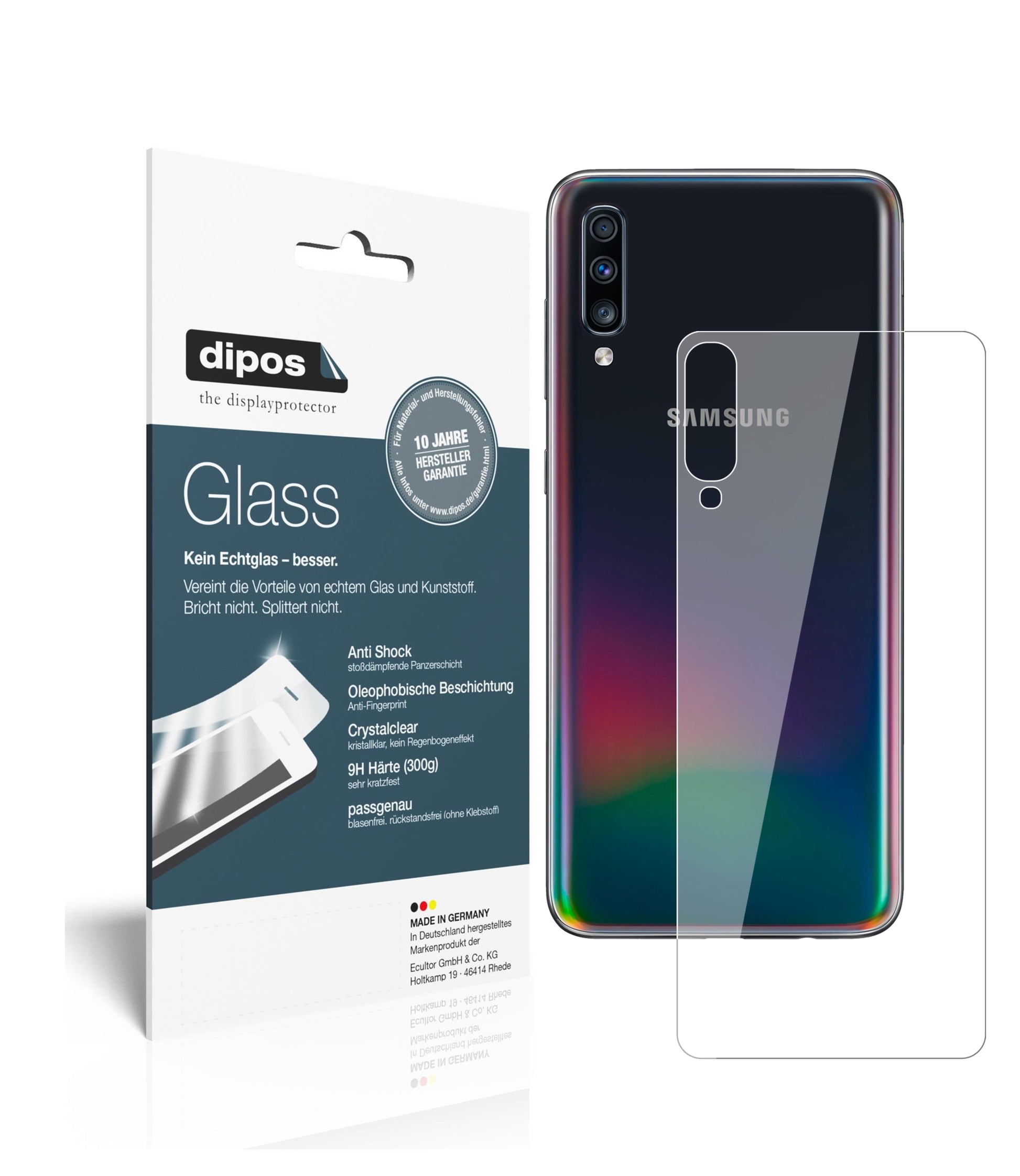 Klare Displayschutzfolie von dipos passend für Samsung Galaxy A70s Rückseite, 9H kratzfest und blasenfrei montiert