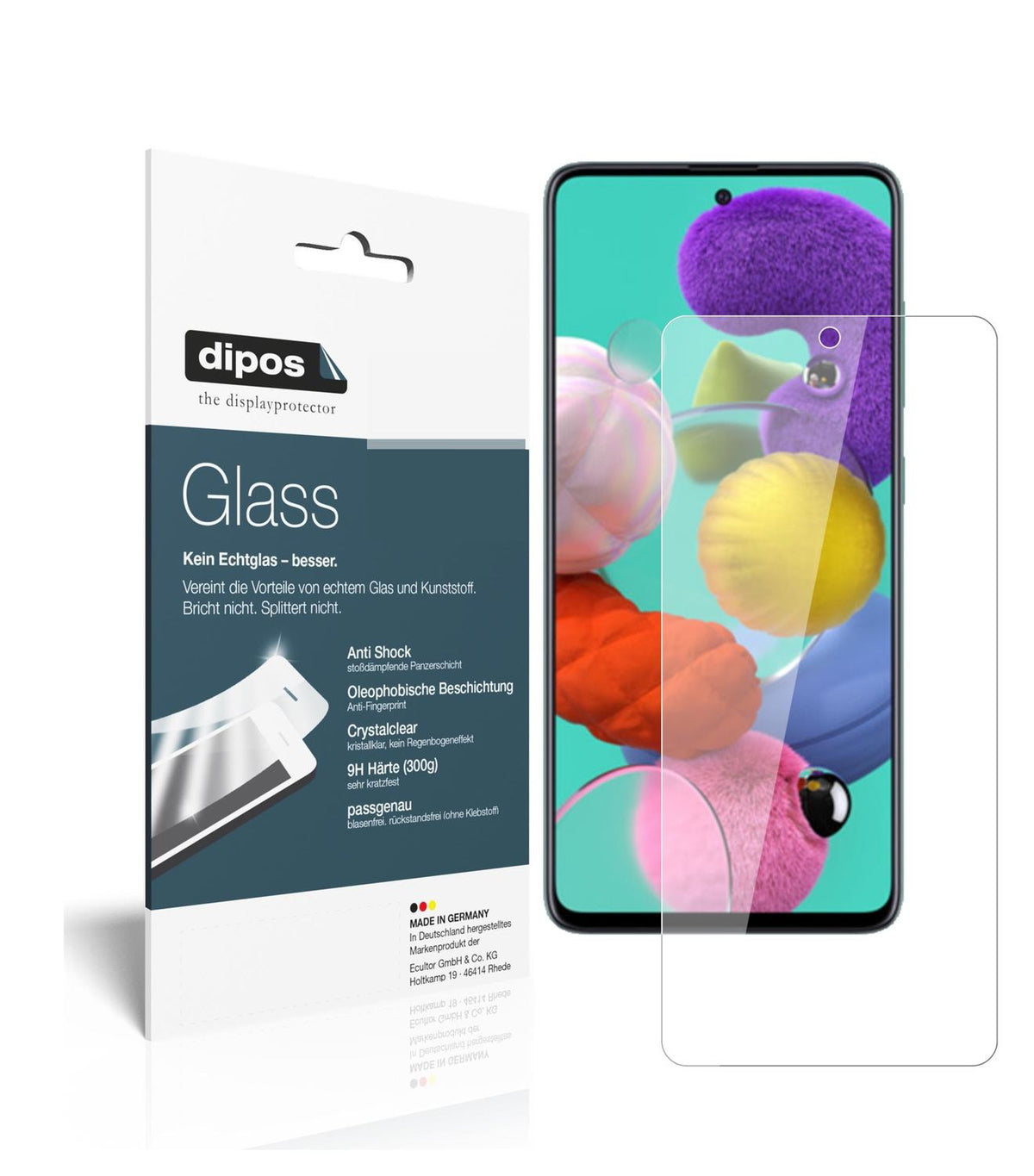 Klare Displayschutzfolie von dipos passend für Samsung Galaxy A51 5G, 9H kratzfest und blasenfrei montiert