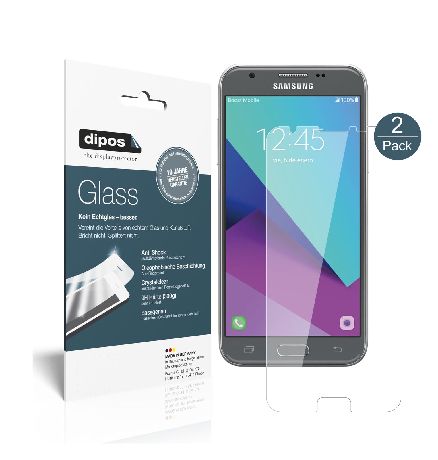 Klare Displayschutzfolie von dipos passend für Samsung Galaxy J3 2017, 9H kratzfest und blasenfrei montiert