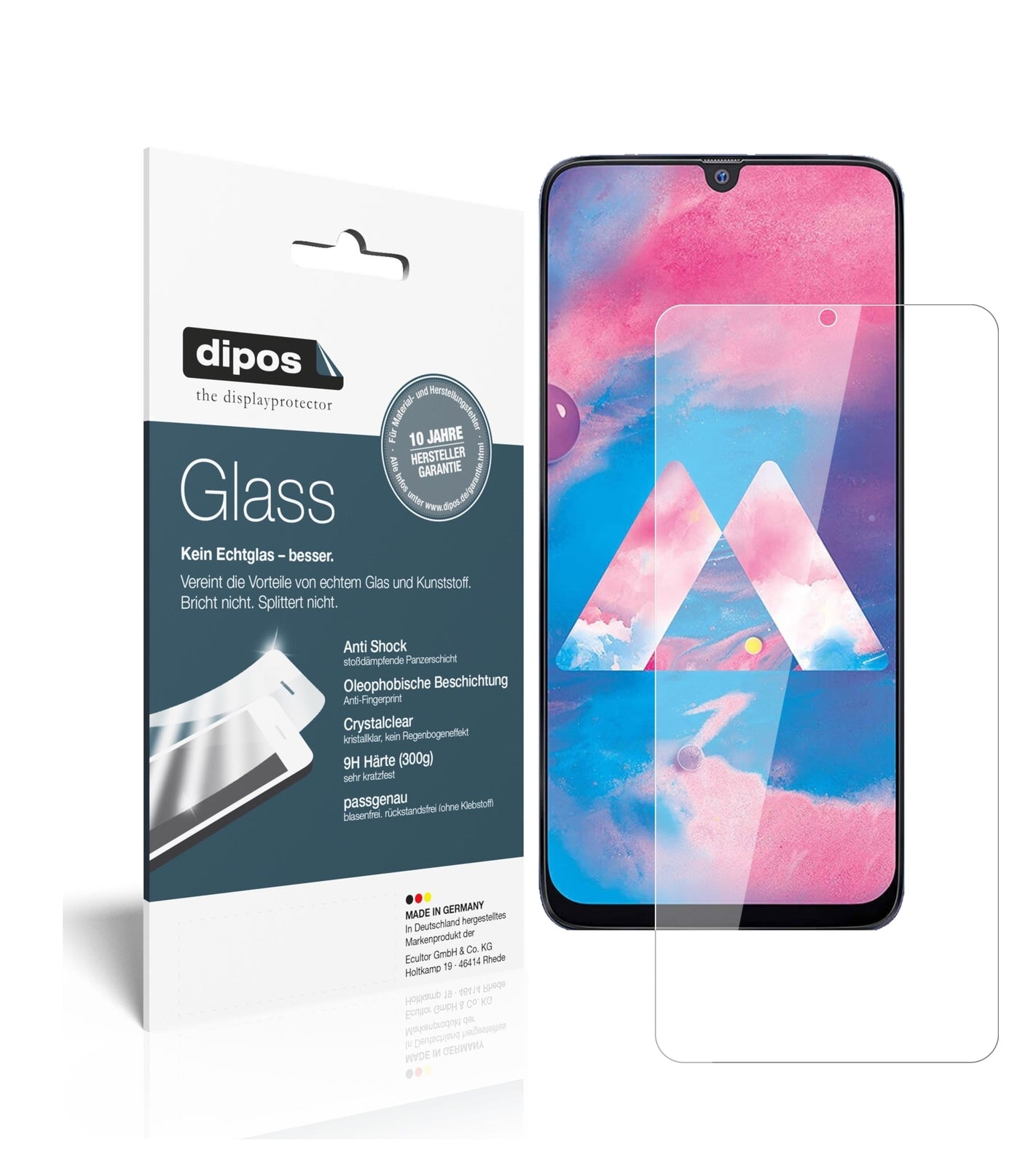 Klare Displayschutzfolie von dipos passend für Samsung Galaxy M30, 9H kratzfest und blasenfrei montiert