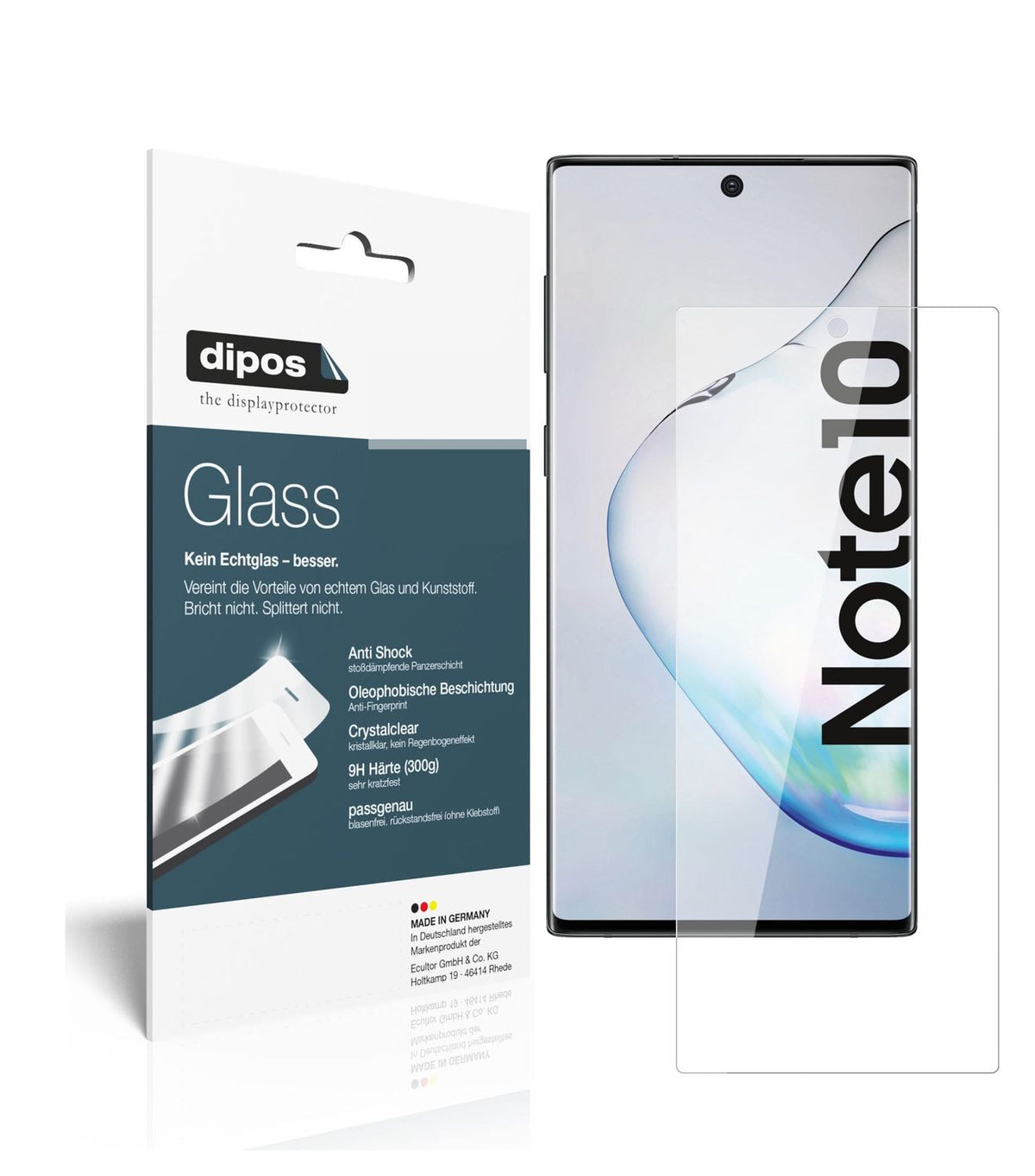 Klare Displayschutzfolie von dipos passend für Samsung Galaxy Note 10 5G, 9H kratzfest und blasenfrei montiert