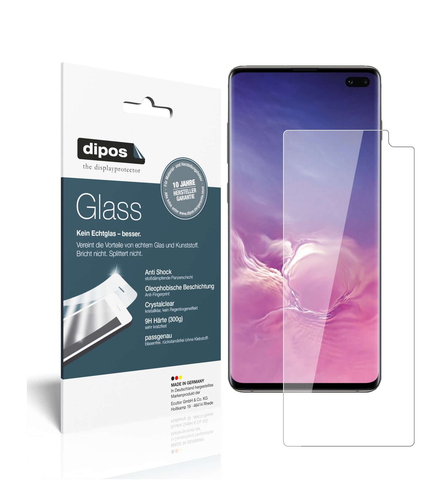 Klare Displayschutzfolie von dipos passend für Samsung Galaxy S10 Plus, 9H kratzfest und blasenfrei montiert