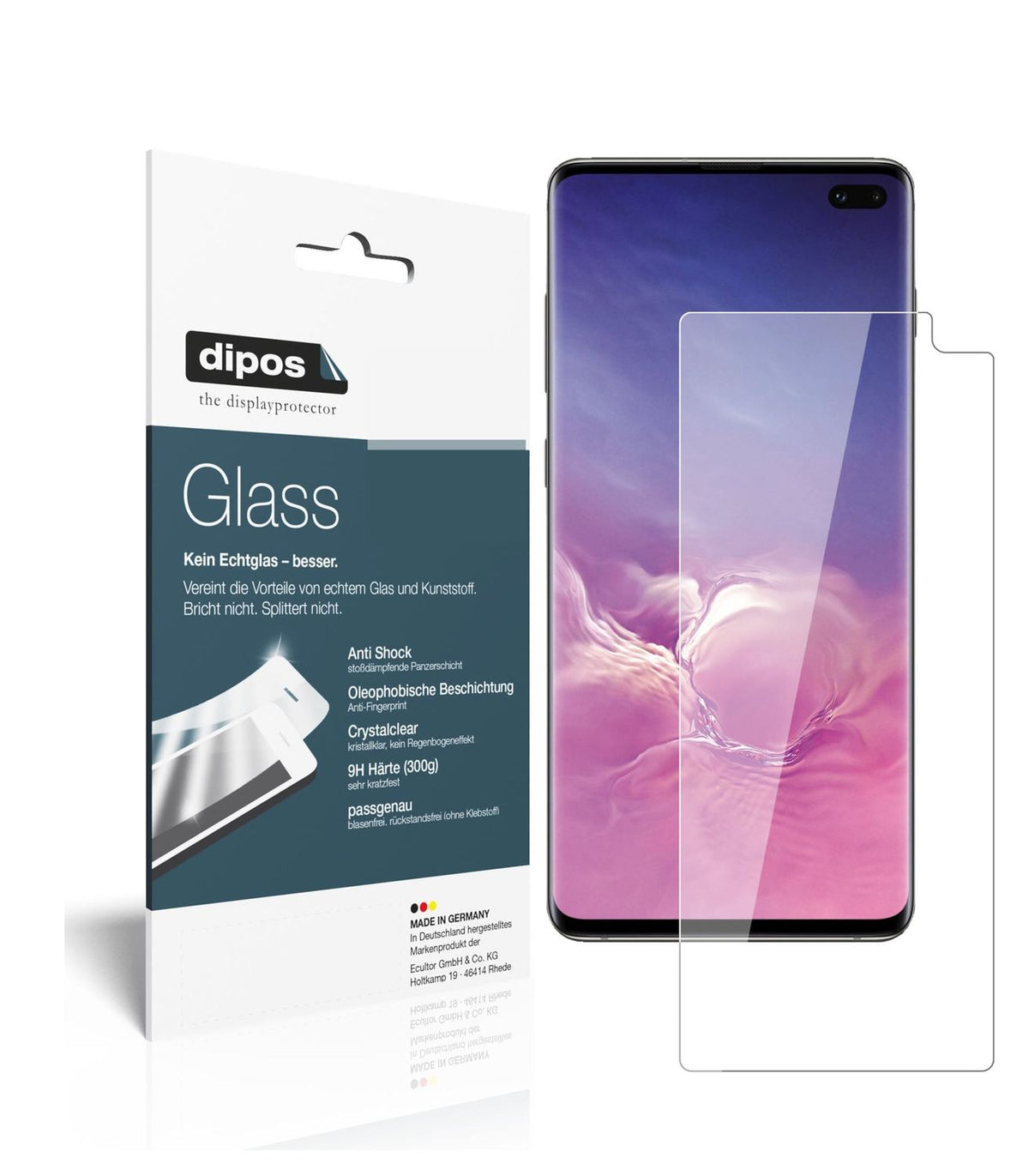 Klare Displayschutzfolie von dipos passend für Samsung Galaxy S10 Plus, 9H kratzfest und blasenfrei montiert
