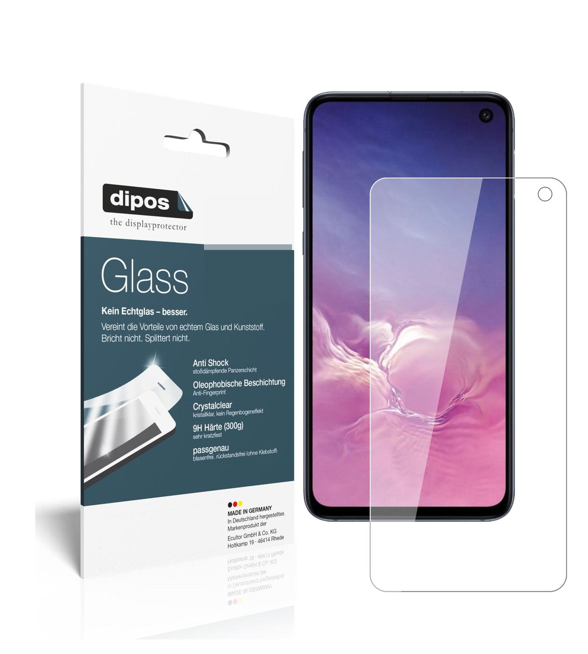 Klare Displayschutzfolie von dipos passend für Samsung Galaxy S10e, 9H kratzfest und blasenfrei montiert