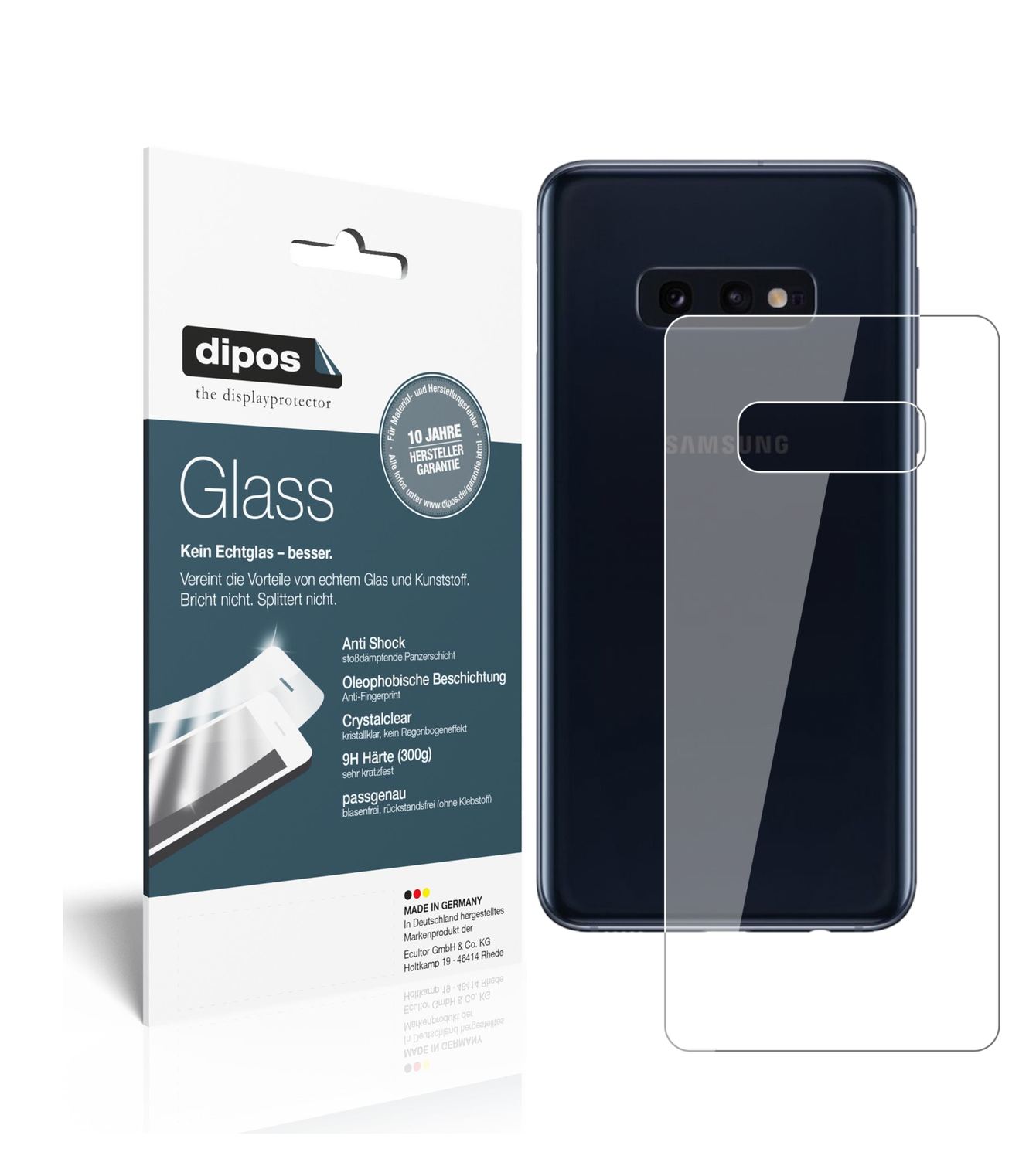 Klare Displayschutzfolie von dipos passend für Samsung Galaxy S10e Rückseite, 9H kratzfest und blasenfrei montiert