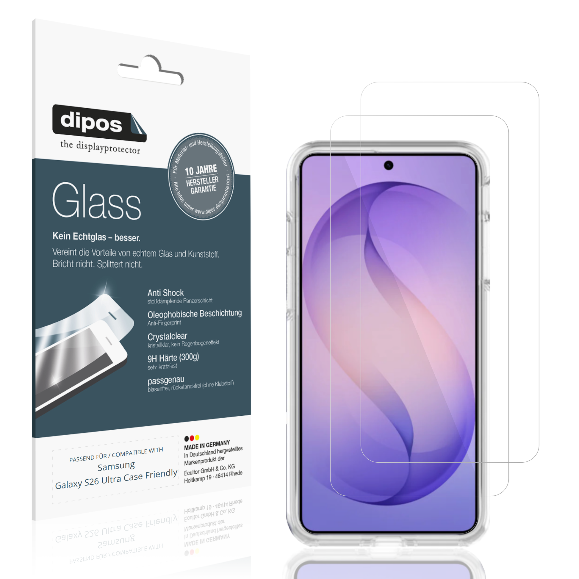 Klare Displayschutzfolie von dipos passend für Samsung Galaxy S26 Ultra Case Friendly, 9H kratzfest und blasenfrei montiert