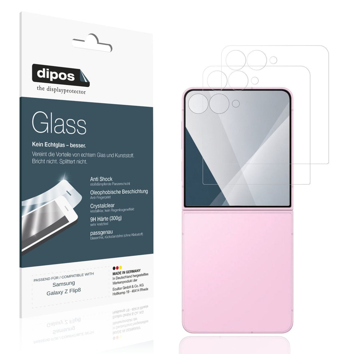 Klare Displayschutzfolie von dipos passend für Samsung Galaxy Z Flip8 Aussenseite, 9H kratzfest und blasenfrei montiert