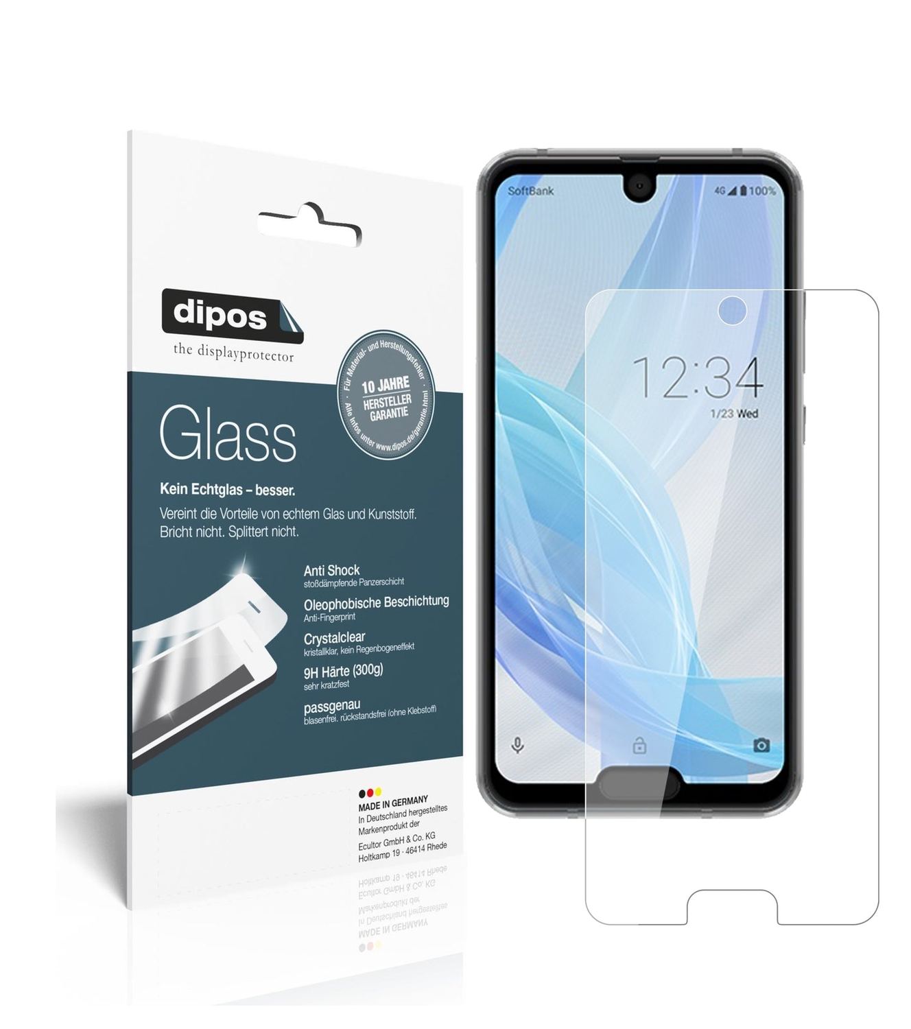 Klare Displayschutzfolie von dipos passend für Sharp Aquos R2 Compact, 9H kratzfest und blasenfrei montiert