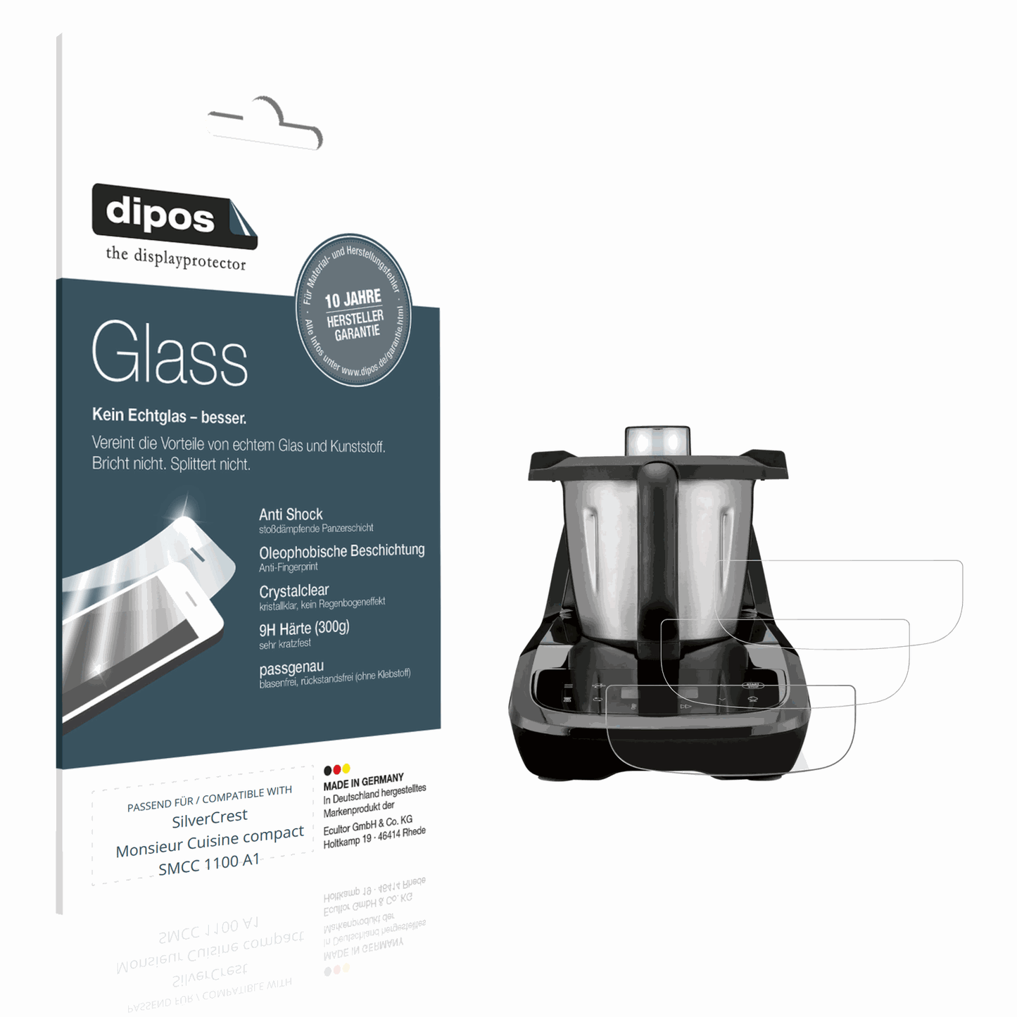 Klare Displayschutzfolie von dipos passend für SilverCrest Monsieur Cuisine compact SMCC 1100 A1, 9H kratzfest und blasenfrei montiert