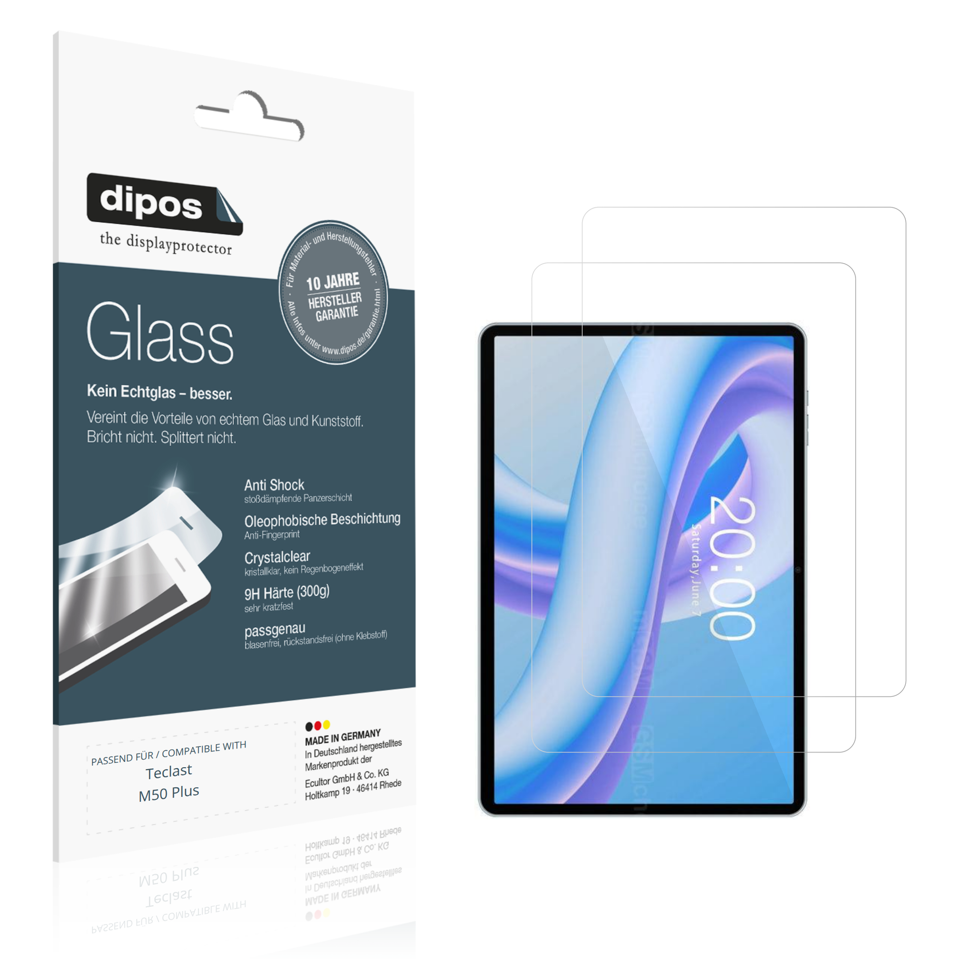 Klare Displayschutzfolie von dipos passend für Teclast M50 Plus, 9H kratzfest und blasenfrei montiert