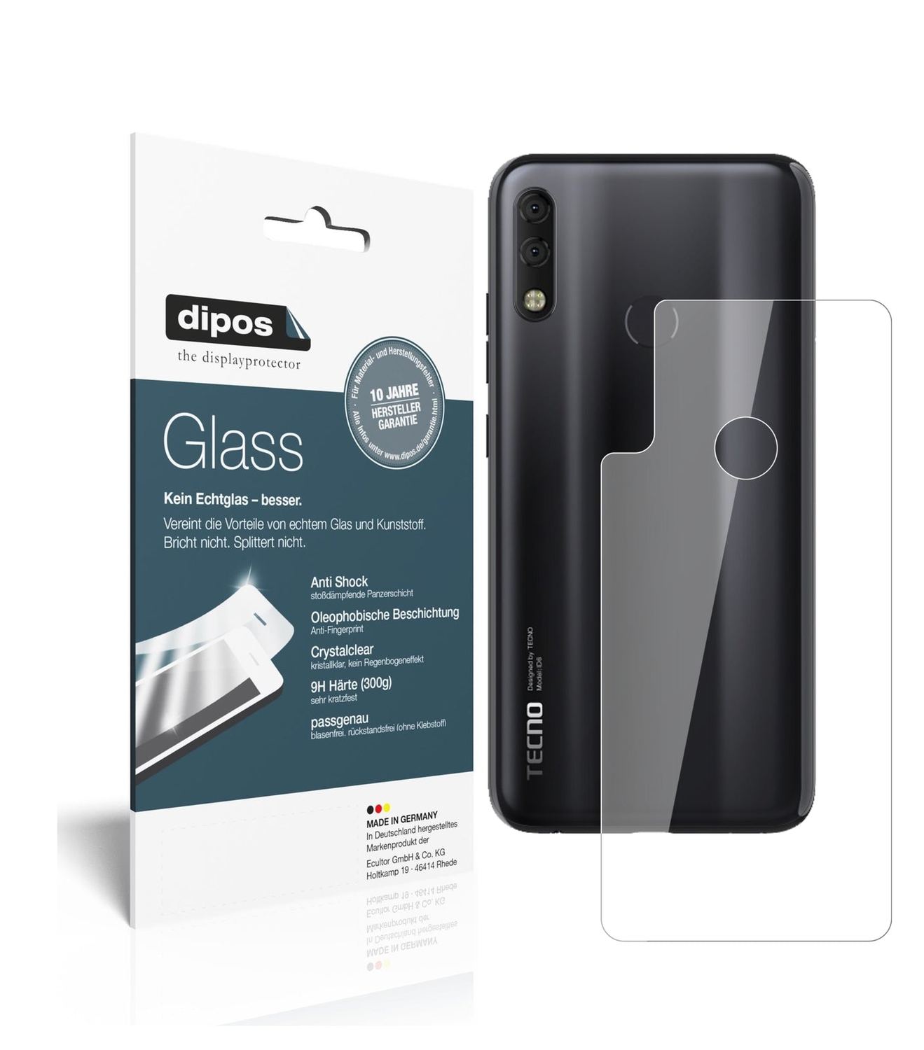 Klare Displayschutzfolie von dipos passend für Tecno Camon 11 Pro Rückseite, 9H kratzfest und blasenfrei montiert