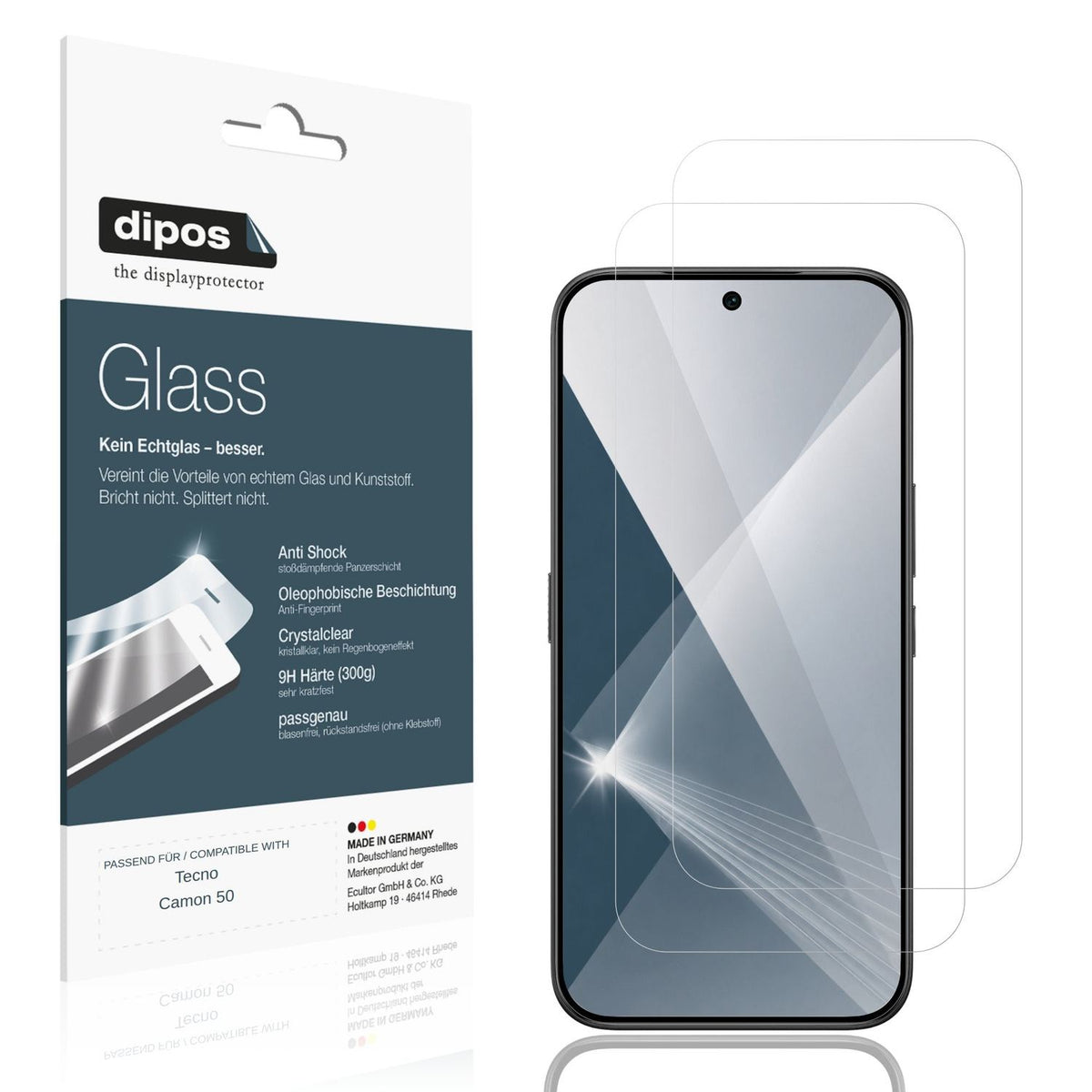 Klare Displayschutzfolie von dipos passend für Tecno Camon 50, 9H kratzfest und blasenfrei montiert
