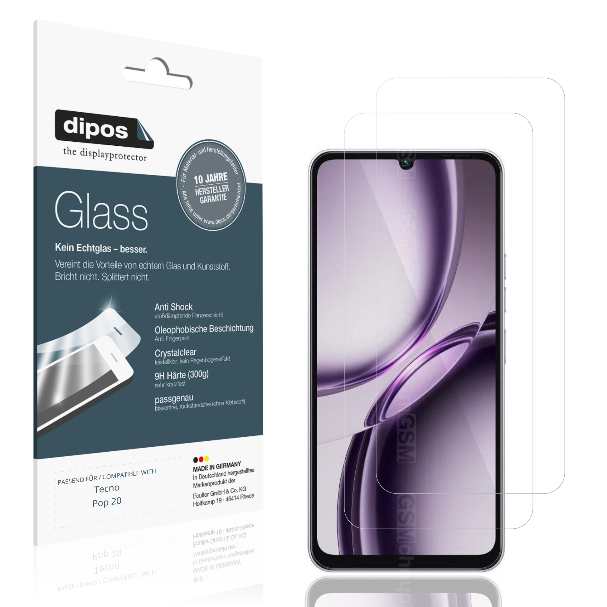 Klare Displayschutzfolie von dipos passend für Tecno Pop 20, 9H kratzfest und blasenfrei montiert