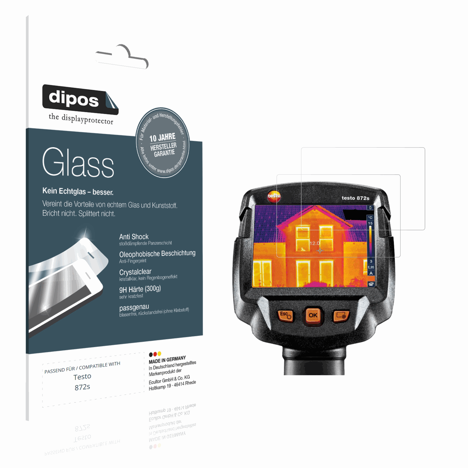 Klare Displayschutzfolie von dipos passend für Testo 872s, 9H kratzfest und blasenfrei montiert
