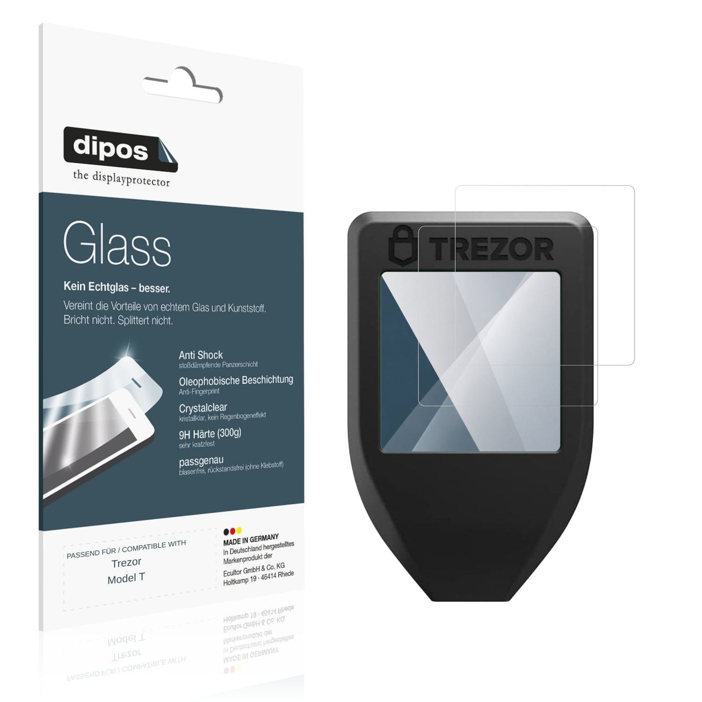 Klare Displayschutzfolie von dipos passend für Trezor Model T, 9H kratzfest und blasenfrei montiert