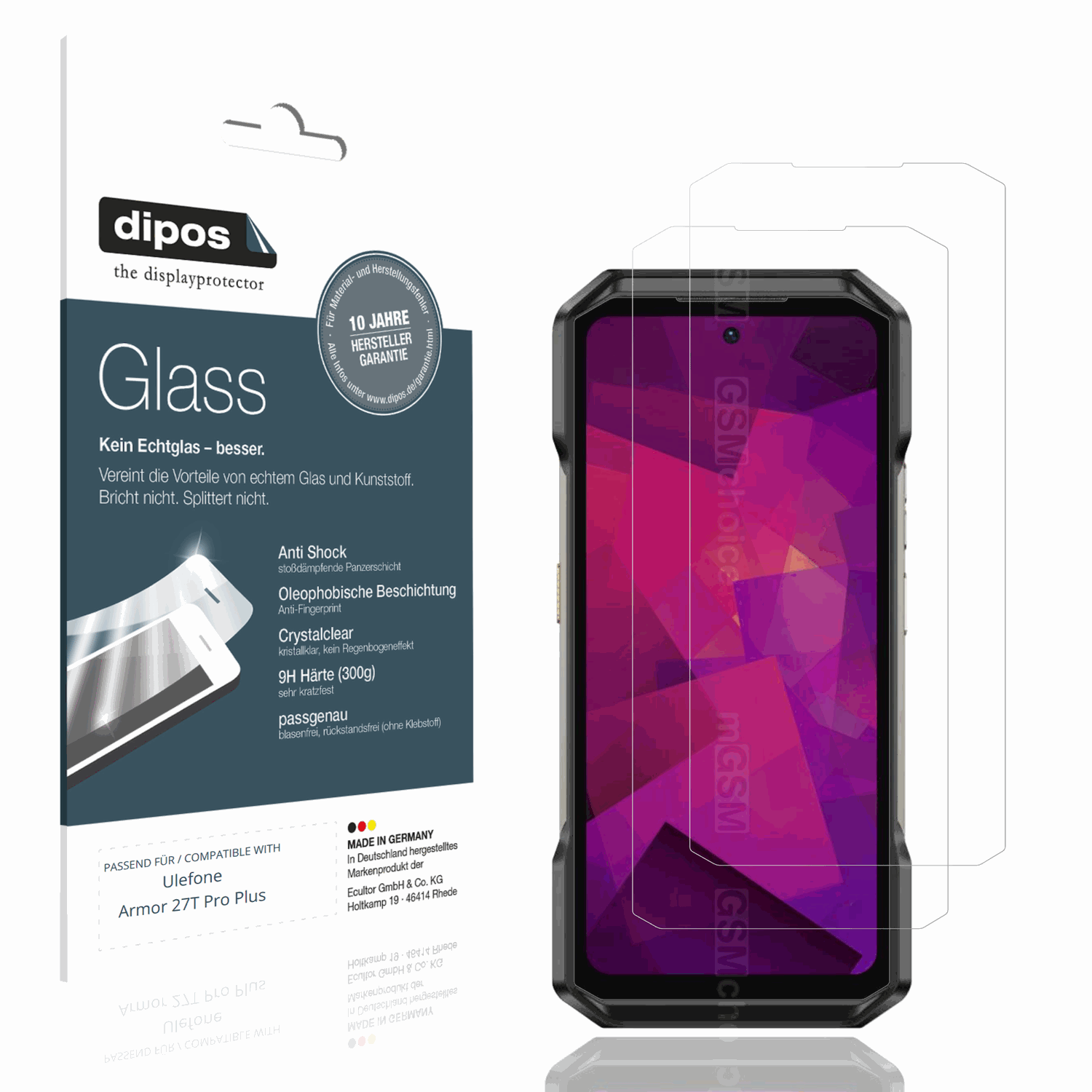 Klare Displayschutzfolie von dipos passend für Ulefone Armor 27T Pro Plus, 9H kratzfest und blasenfrei montiert