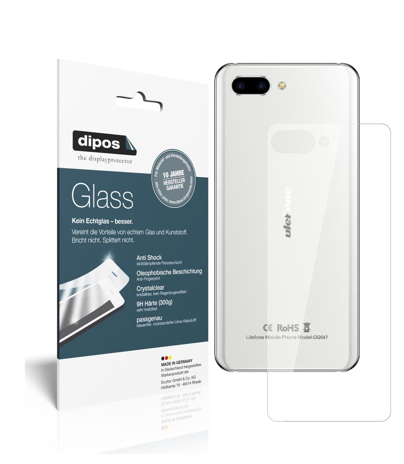 Klare Displayschutzfolie von dipos passend für Ulefone T2 Pro Rückseite, 9H kratzfest und blasenfrei montiert