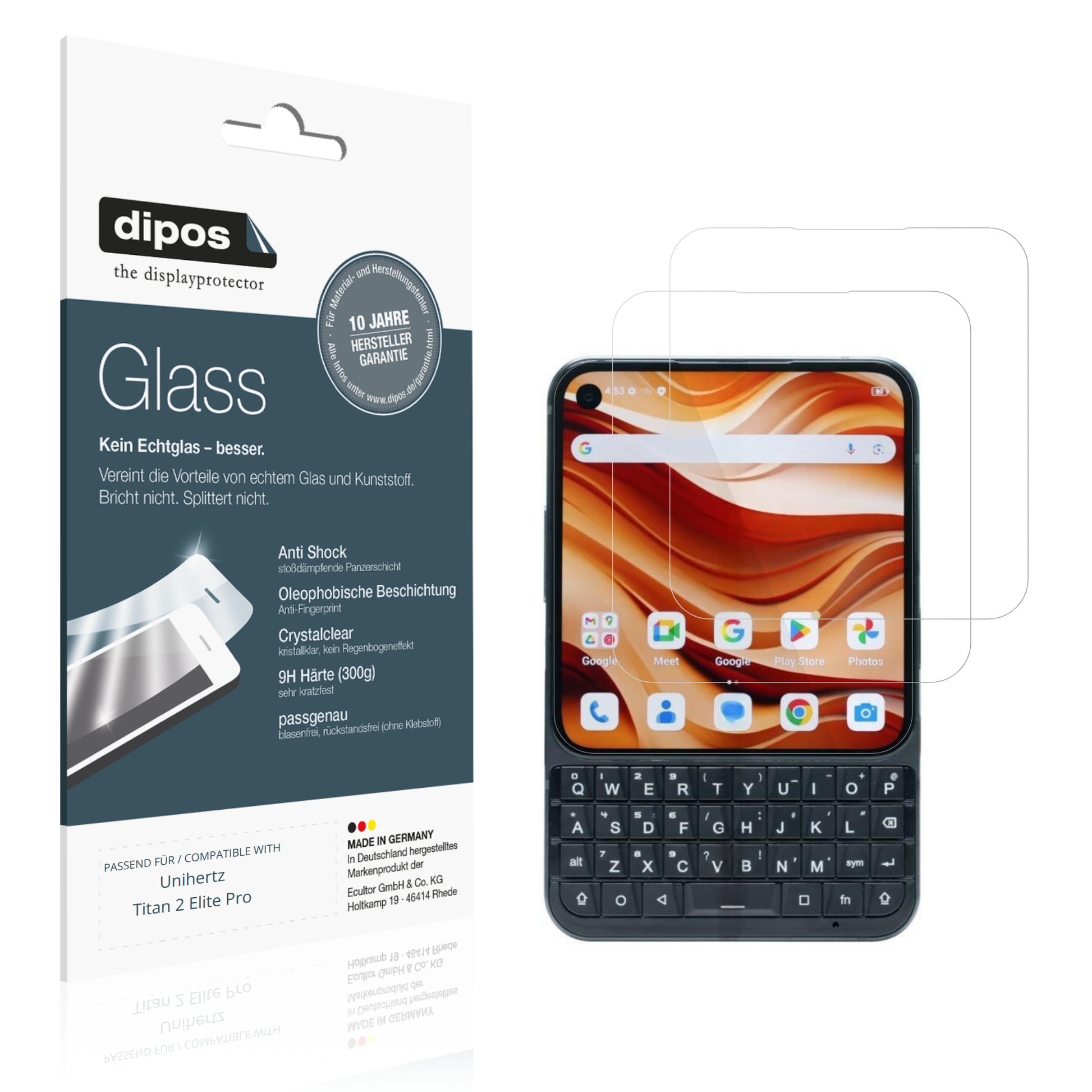 Klare Displayschutzfolie von dipos passend für Unihertz Titan 2 Elite Pro, 9H kratzfest und blasenfrei montiert