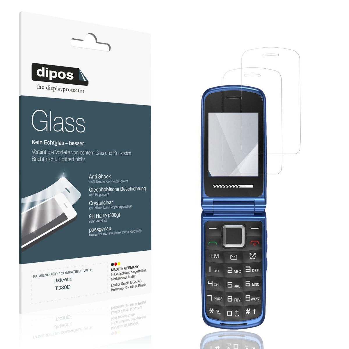 Klare Displayschutzfolie von dipos passend für Usteetic T380D, 9H kratzfest und blasenfrei montiert