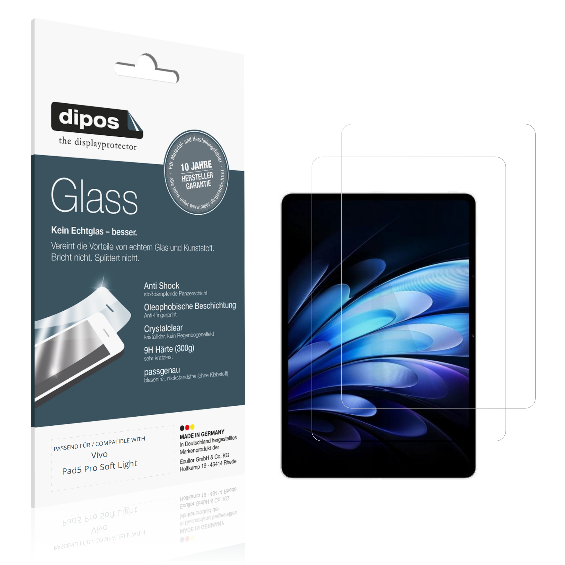 Klare Displayschutzfolie von dipos passend für Vivo Pad5 Pro Soft Light, 9H kratzfest und blasenfrei montiert