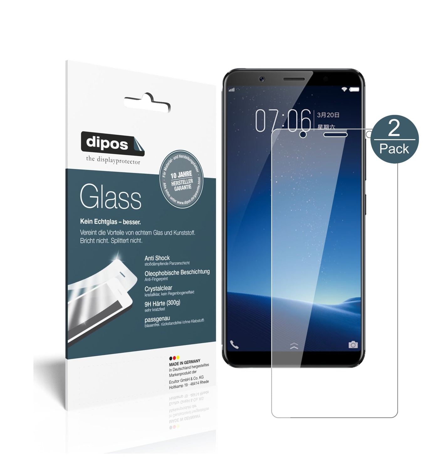 Klare Displayschutzfolie von dipos passend für Vivo X20, 9H kratzfest und blasenfrei montiert