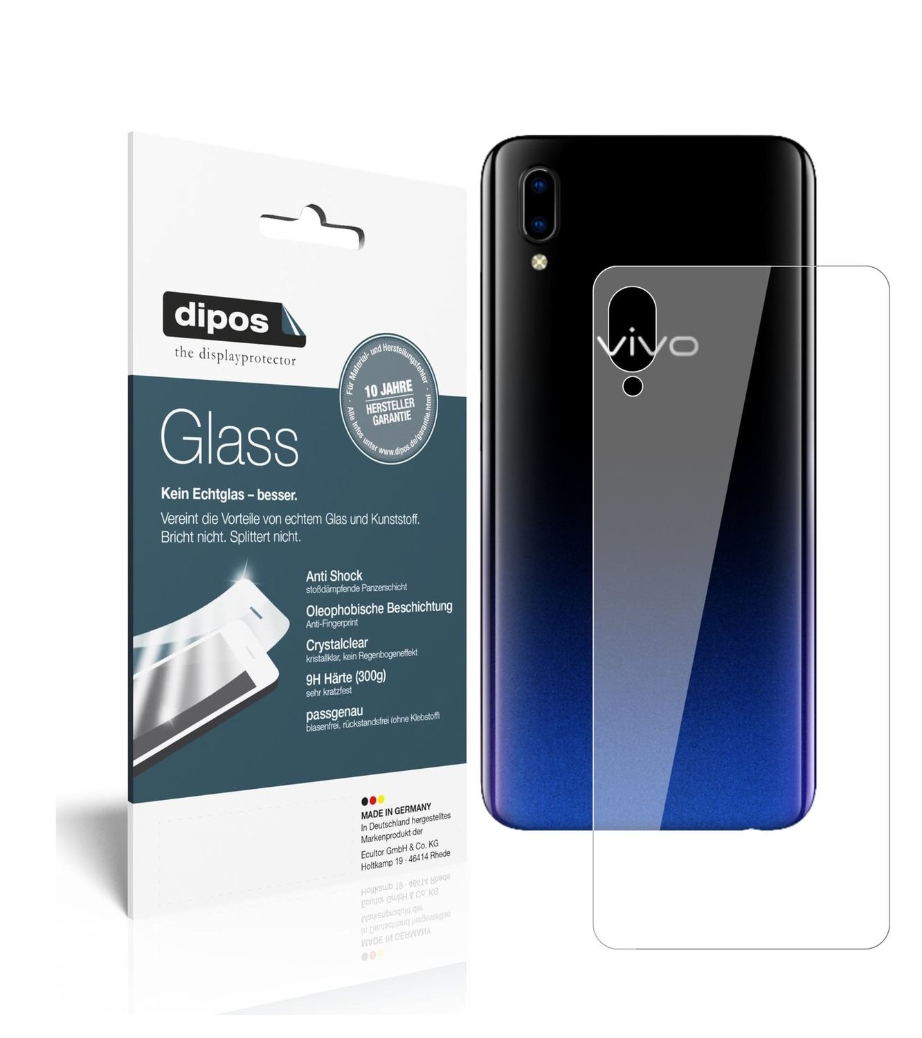 Klare Displayschutzfolie von dipos passend für Vivo Y93s Rückseite, 9H kratzfest und blasenfrei montiert
