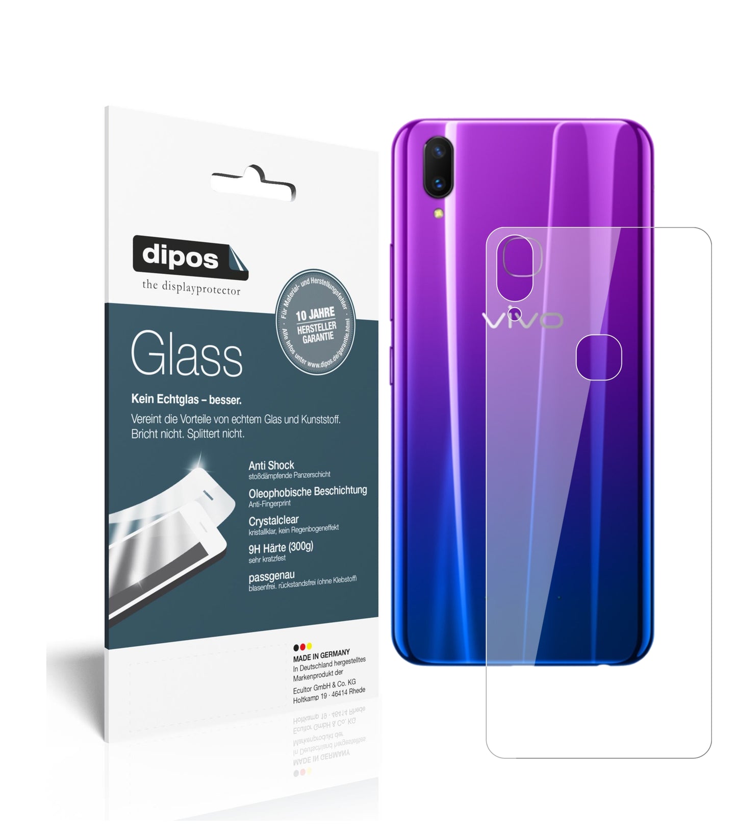 Klare Displayschutzfolie von dipos passend für Vivo Z3x Rückseite, 9H kratzfest und blasenfrei montiert