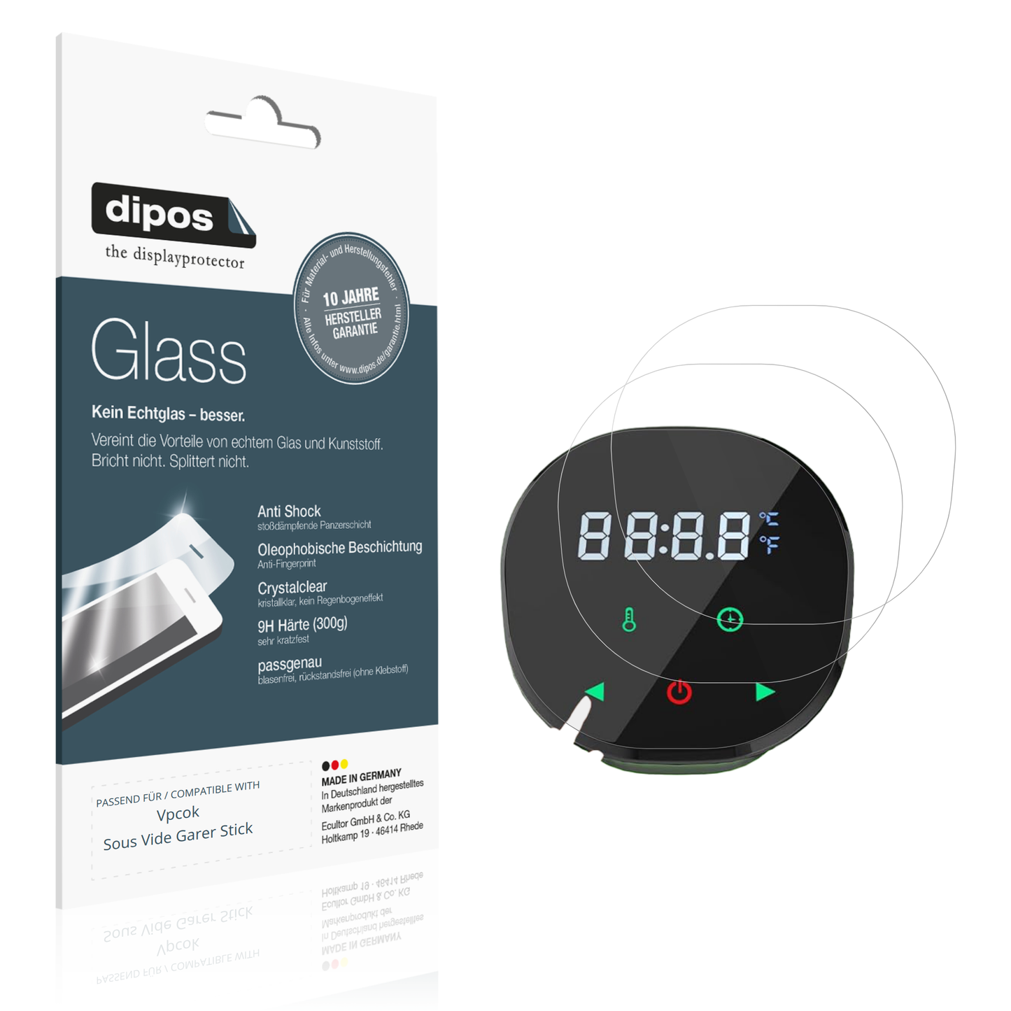 Klare Displayschutzfolie von dipos passend für Vpcok Sous Vide Garer Stick, 9H kratzfest und blasenfrei montiert