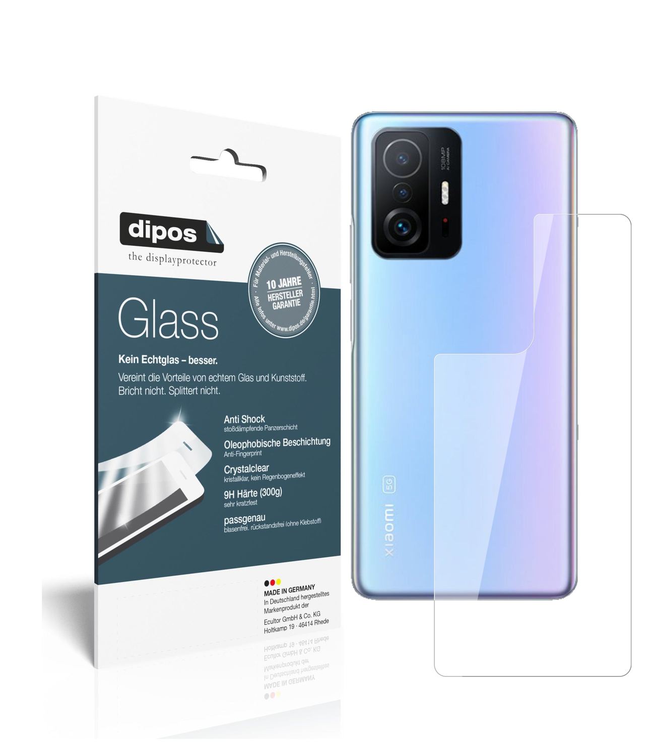 Klare Displayschutzfolie von dipos passend für Xiaomi 11T Rückseite, 9H kratzfest und blasenfrei montiert
