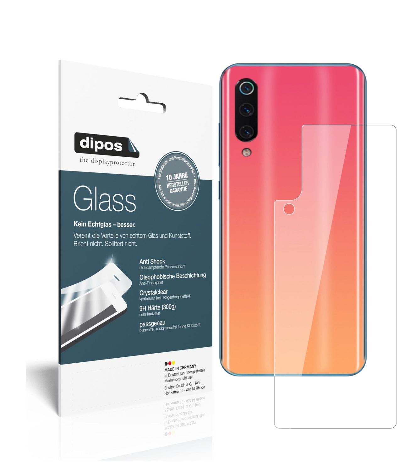 Klare Displayschutzfolie von dipos passend für Xiaomi Mi 9 SE Rückseite, 9H kratzfest und blasenfrei montiert