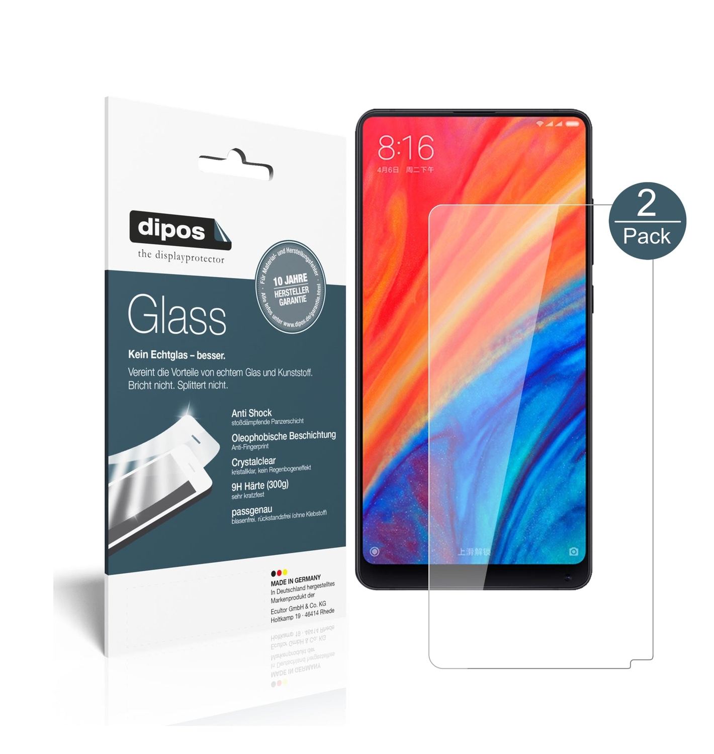 Klare Displayschutzfolie von dipos passend für Xiaomi Mi Mix 2S, 9H kratzfest und blasenfrei montiert