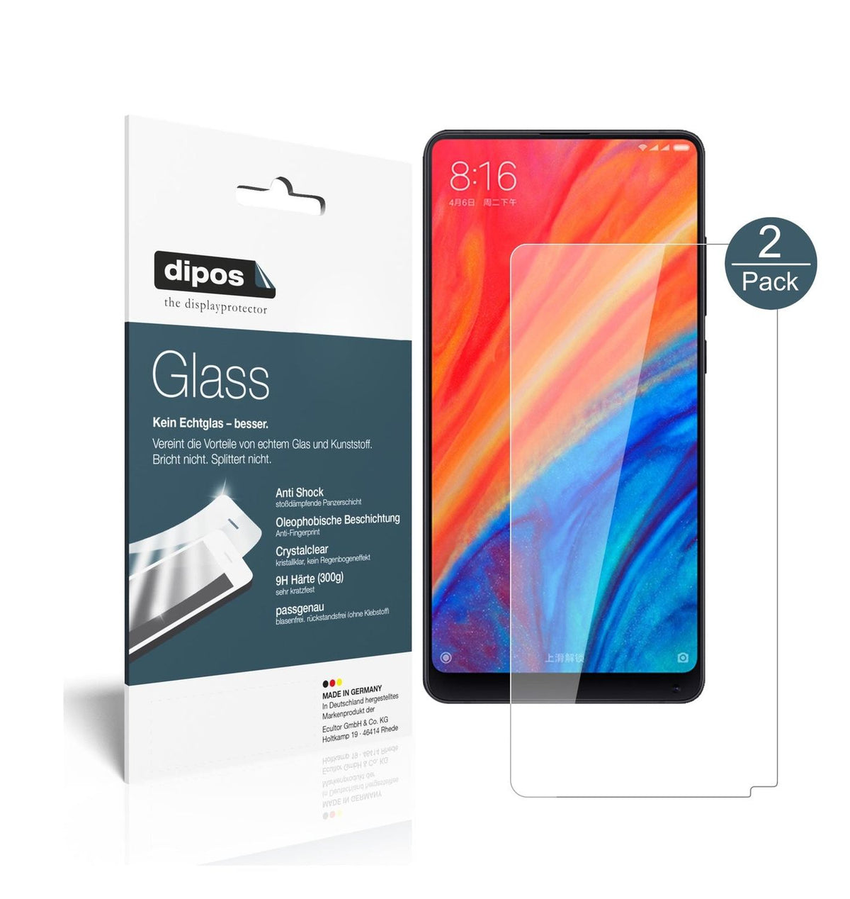 Klare Displayschutzfolie von dipos passend für Xiaomi Mi Mix 2S, 9H kratzfest und blasenfrei montiert