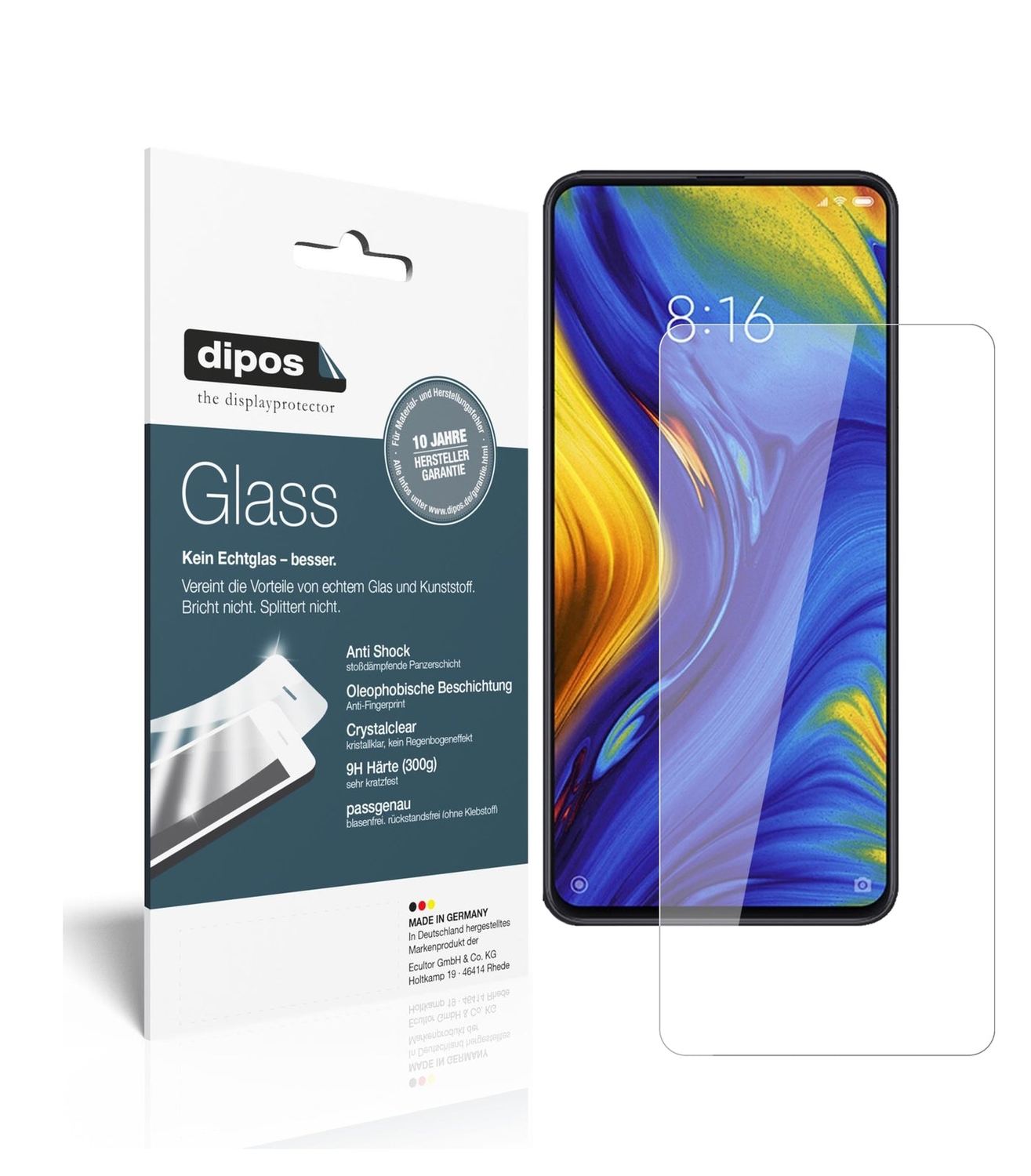 Klare Displayschutzfolie von dipos passend für Xiaomi Mi Mix 3, 9H kratzfest und blasenfrei montiert