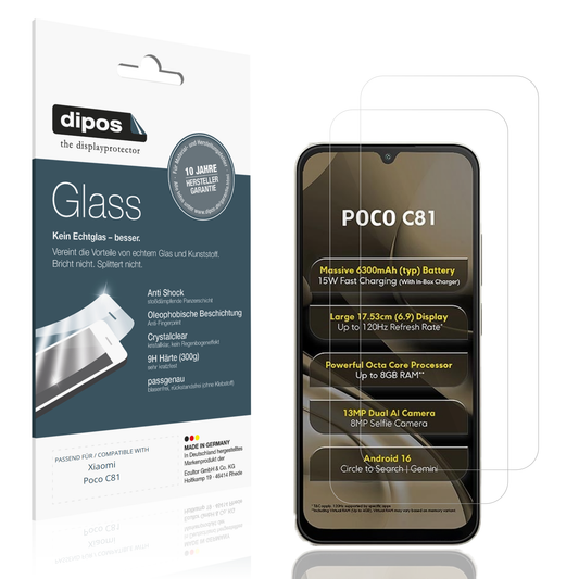 Klare Displayschutzfolie von dipos passend für Xiaomi Poco C81, 9H kratzfest und blasenfrei montiert
