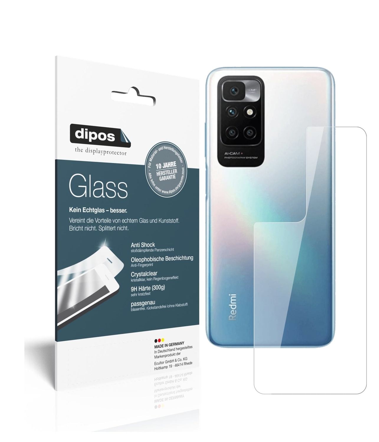 Klare Displayschutzfolie von dipos passend für Xiaomi Redmi 10 Rückseite, 9H kratzfest und blasenfrei montiert