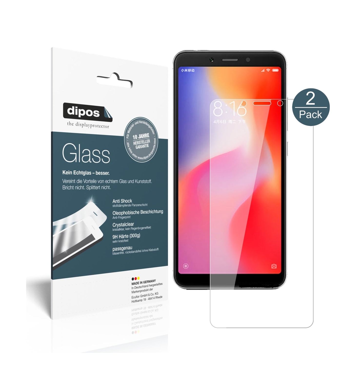 Klare Displayschutzfolie von dipos passend für Xiaomi Redmi 6, 9H kratzfest und blasenfrei montiert